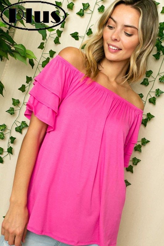 76 OS {Here For You} Pink Off Shoulder Ruffle Sleeve Top PLUS SIZE 1X 2X 3X
