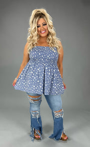36 OS-A {USA Dream} Blue Star Smocked Strapless Top PLUS SIZE XL 2X 3X***SALE***