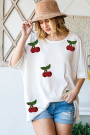 22 SD {Cherry On Top} Ivory Waffle Knit Red Cherry Top PLUS SIZE XL 2X 3X