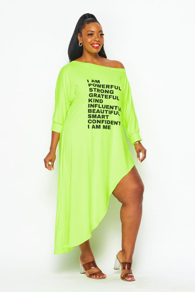 LD-G {Powerful Me} Lime Graphic Asymmetrical Tunic PLUS SIZE 1X 2X 3X