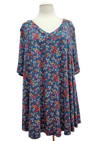 17 PSS {Epic Joy} Blue Floral V-Neck Top EXTENDED PLUS SIZE 3X 4X 5X