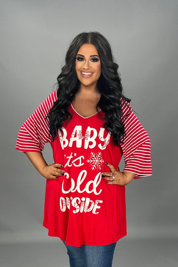 27 GT {Baby It's Cold Outside} Red Graphic Tee w/Red Stripe PLUS SIZE XL 2X 3X 4X 5X 6X