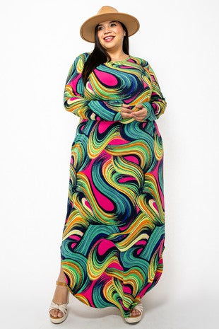LD-R {Twilight Swirl} Black/Multi-Color Swirl Print Maxi Dress EXTENDED PLUS SIZE 3X 4X 5X