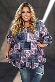 75 PQ {Flawless Paisley} Pink/Navy Paisley Babydoll Top EXTENDED PLUS SIZE 3X 4X 5X