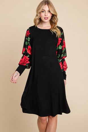 32 CP {Graceful Moves} Black Dress w/Red Floral Sleeves PLUS SIZE 1X 2X 3X