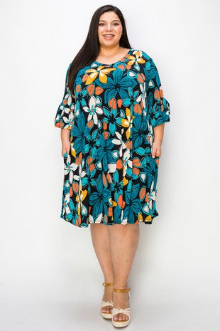 17 PQ {Dreams Come True} Teal/Black Floral V-Neck Dress EXTENDED PLUS SIZE 4X 5X 6X
