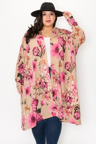28 OT {Coffee Time} Taupe/Pink Floral Hooded Cardigan PLUS SIZE 1X 2X 3X