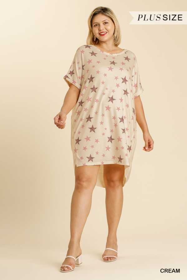 100 PSS {Star Of The Show} UMGEE Beige Star Print Dress PLUS SIZE XL 1X 2X