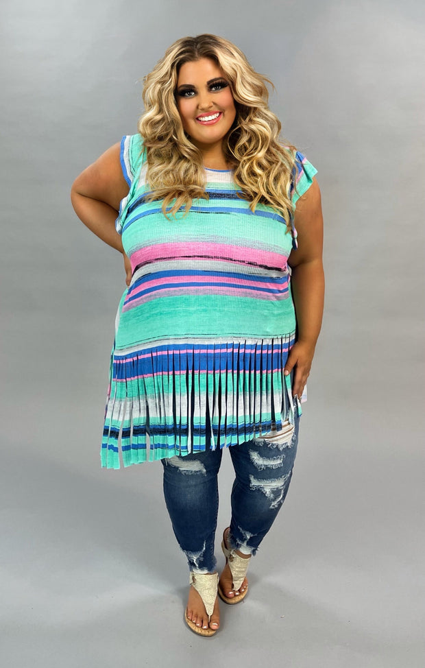 70 PSS-I {What A Day}  Mint Striped Top with Diagonal Fringe PLUS SIZE 1X 2X 3X
