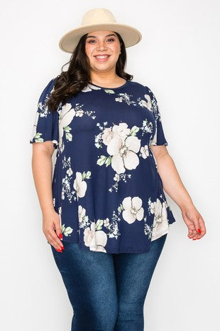 95 PSS {Blossoms Are Here} Navy Floral Rounded Hem Top PLUS SIZE XL 2X 3X