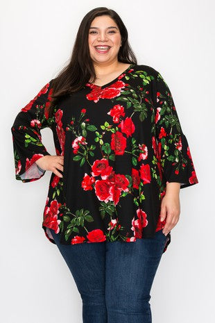 43 PQ {Prize Roses} Black/Red Rose Print V-Neck Top EXTENDED PLUS SIZE 3X 4X 5X