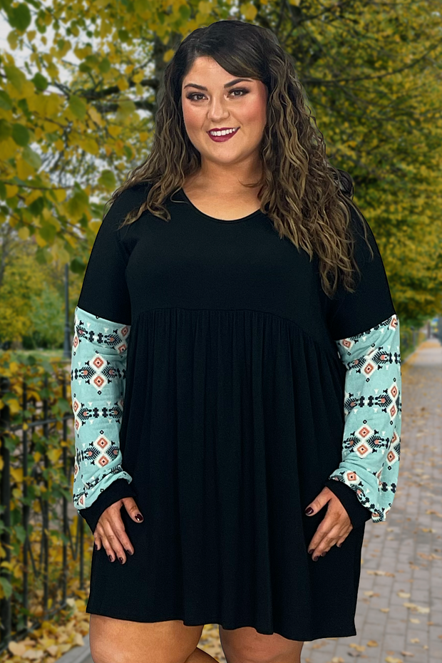 12 CP-C {Just Admit It} Black With Blue Aztec Sleeve Tunic SALE!!!  PLUS SIZE XL 2X 3X