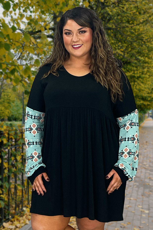 12 CP-C {Just Admit It} Black With Blue Tribal Printed Sleeve Tunic  PLUS SIZE XL 2X 3X