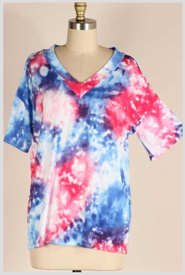 25 PSS {Love Is In The Air} Fuchsia/Blue Tie Dye V-Neck Top PLUS SIZE 1X 2X 3X