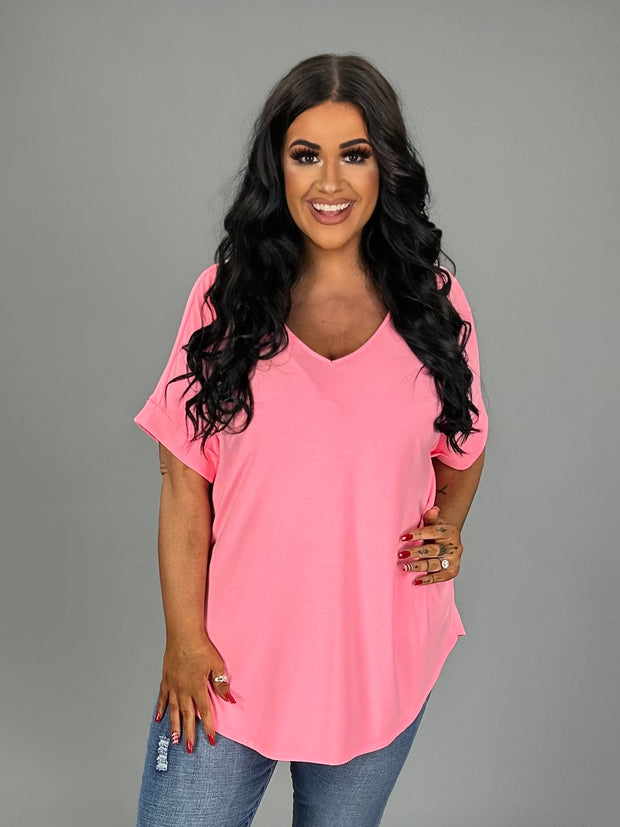 56 SSS-N {PINK CLASSIC}  Pink V-Neck Top Cuffed Sleeves PLUS SIZE XL 2X 3X