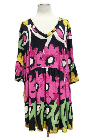 51 PQ {Outlined In Flowers} Black/Fuchsia Floral Babydoll Top EXTENDED PLUS SIZE 3X 4X 5X