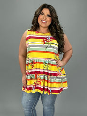 31 SV-L {Let Your Light Shine} Yellow Stripe Floral Tiered Top PLUS SIZE XL 2X 3X