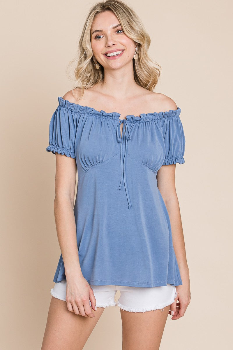 59 OS {Country Chic} Dusty Blue Off Shoulder Top PLUS SIZE 1X 2X