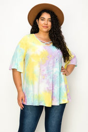 50 PSS {My Treasure} Yellow/Purple Tie Dye Criss-Cross Tunic CURVY BRAND!!!  EXTENDED PLUS SIZE XL 2X 3X 4X 5X 6X (May Size Down 1 Size)