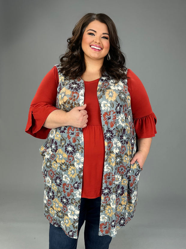 74 OT {Falling Into Fashion} Grey Floral Long Vest w/Pockets CURVY BRAND!!!  EXTENDED PLUS SIZE 4X 5X 6X (May Size Down 1 Size)