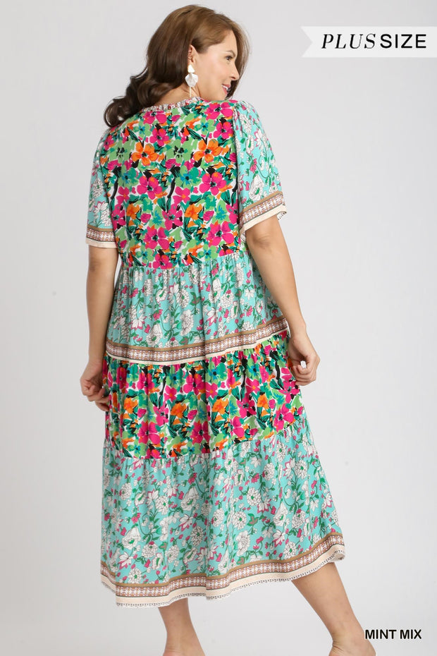 LD-Y {Garden Paradise} Umgee Mint Floral Tiered Dress PLUS SIZE XL 1X 2X
