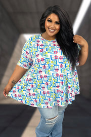 93 PSS {Alive And Well} Ivory/Blue Square & Floral Print Top EXTENDED PLUS SIZE 4X 5X 6X
