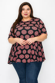 40 PSS {We Go Round In Circles} Black/Coral Circle Print Top EXTENDED PLUS SIZE 3X 4X 5X