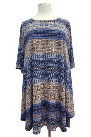 48 PSS {A True Vision} Navy/Brown Print Rounded Hem Top EXTENDED PLUS SIZE 3X 4X 5X