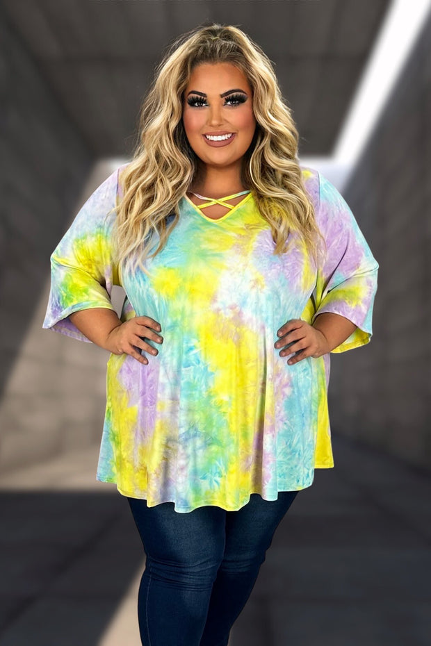 50 PSS {My Treasure} Yellow/Purple Tie Dye Criss-Cross Tunic CURVY BRAND!!!  EXTENDED PLUS SIZE 4X 5X 6X