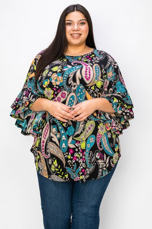 37 PQ {Wish You Were Mine} Black/Multi-Color Paisley Print Top EXTENDED PLUS SIZE 3X 4X 5X