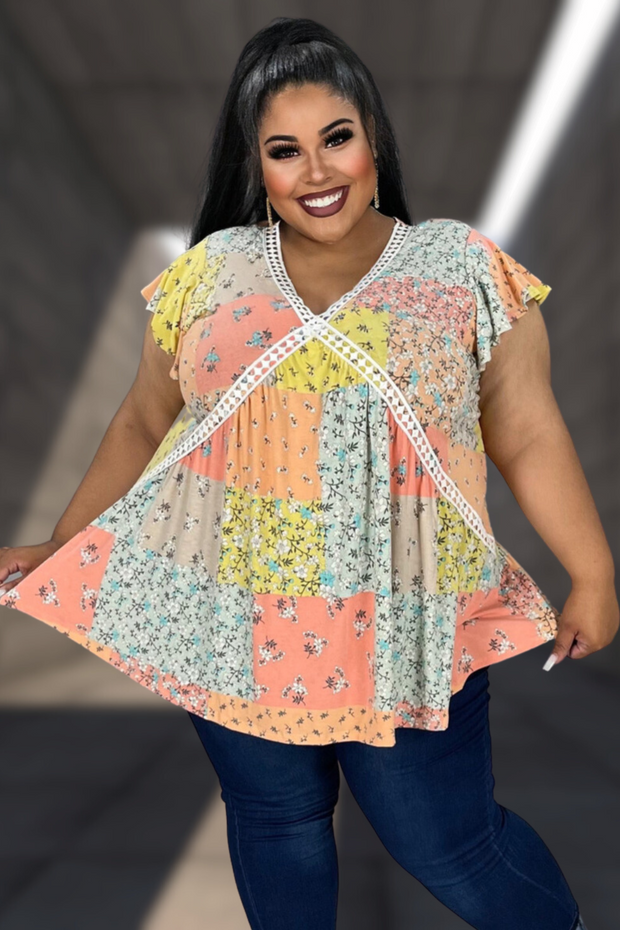73 CP-A {Be A Peach} Peach Patchwork V-Neck Top CURVY BRAND!!! EXTENDED PLUS SIZE 3X 4X 5X 6X