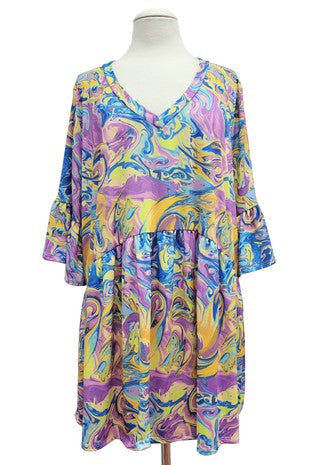 51 PSS {Colorful Fun} Yellow Marbled Print Babydoll Top  EXTENDED PLUS SIZE 1X 2X 3X 4X 5X