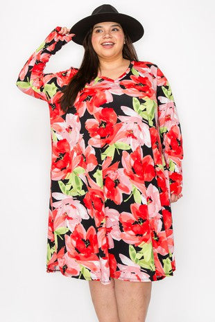 52 PLS {Call Me Lovely} Black/Pink Large Floral Print Dress EXTENDED PLUS SIZE 4X 5X 6X