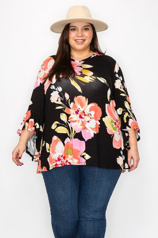 26 PQ {Dream Date} Black Lg Floral V-Neck Tunic EXTENDED PLUS SIZE 4X 5X 6X