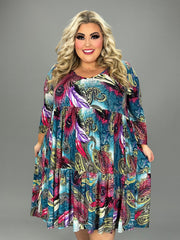 26 PQ {Above Average}Teal/Fuchsia Paisley Tiered Dress EXTENDED PLUS SIZE 3X 4X 5X