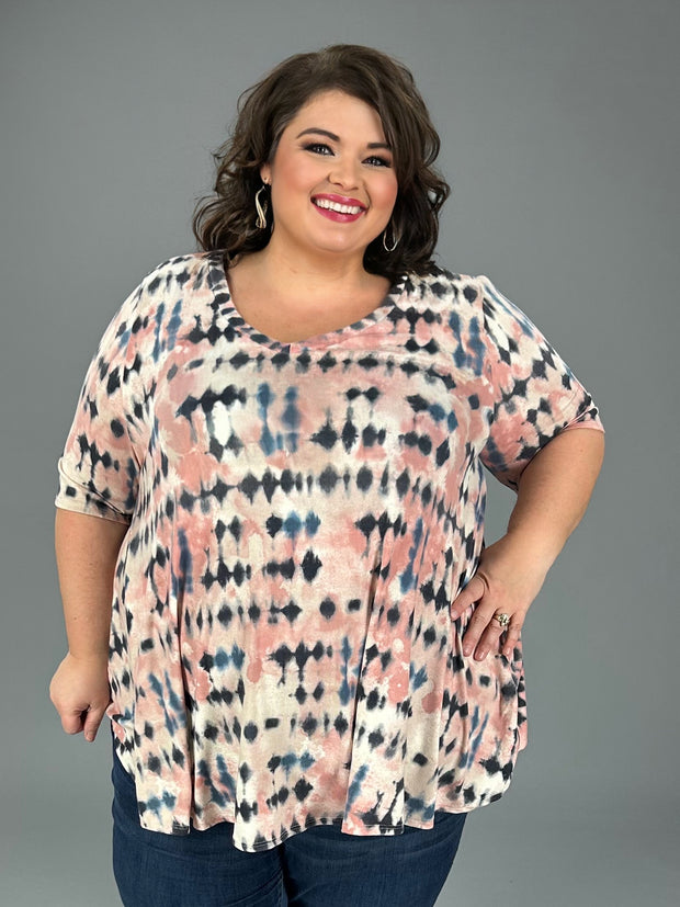 26 PSS {Right Around The Corner} Coral/Navy Tie Dye V-Neck Top EXTENDED PLUS SIZE 3X 4X 5X