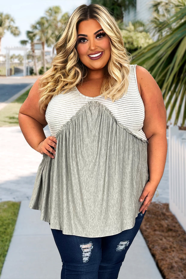 98 SV-B {All For Fun} Heather Grey Stripe Print Top SALE!!!   PLUS SIZE 1X 2X 3X