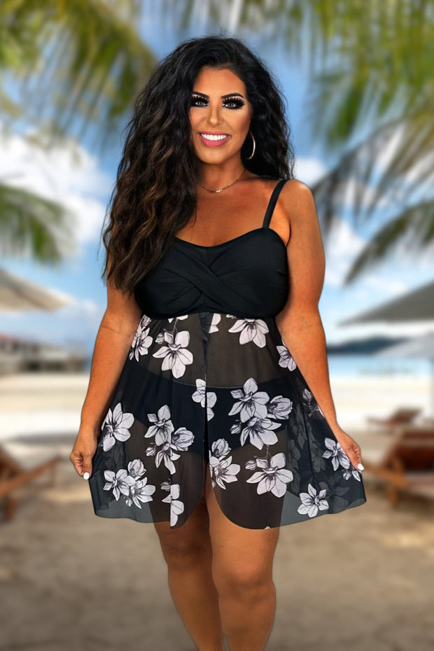 SWIM-B {Day At the Pool} Black/Lilac Floral 2 Piece Swimsuit SALE!!! EXTENDED PLUS SIZE 3X 4X