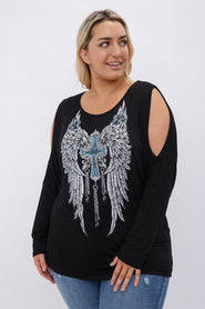 44 GT “VOCAL” {Angel Wings} Black Cold Shoulder Graphic Tee PLUS SIZE XL 2X 3X