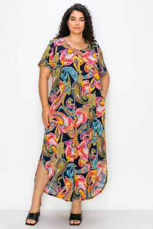 LD-M {Creative Mind} Navy Paisley Print V-Neck Maxi Dress CURVY BRAND!!!  EXTENDED PLUS SIZE 4X 5X 6X