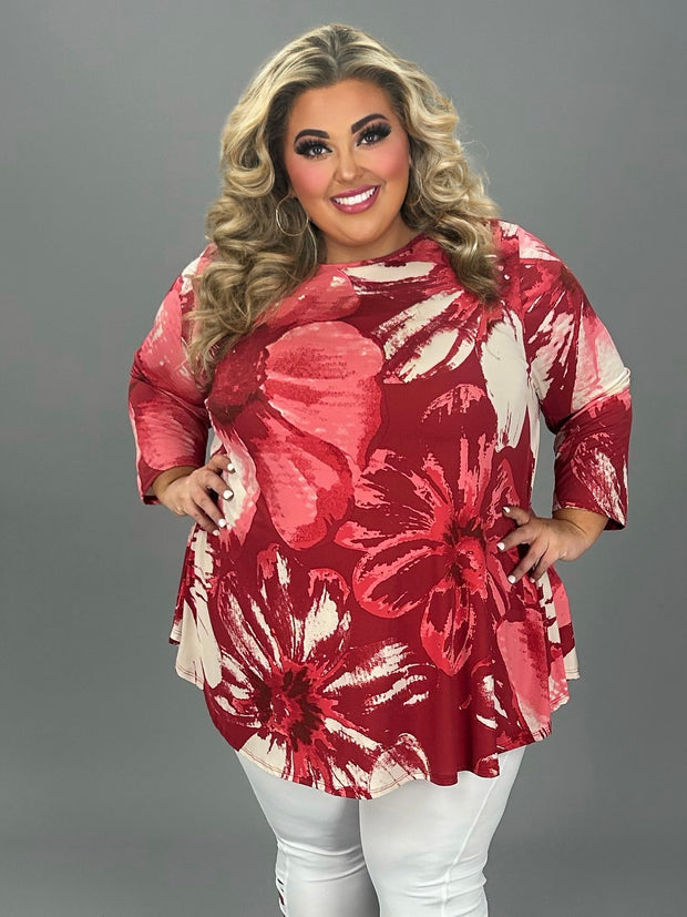 13 PQ {Love Your Style} Red Large Floral Rounded Hem Top EXTENDED PLUS SIZE 3X 4X 5X