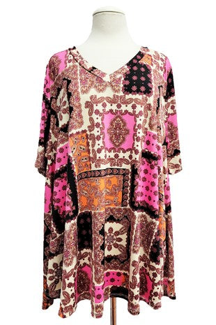 75 PSS {Cool People Only} Ivory/Pink Mixed Print V-Neck Top EXTENDED PLUS SIZE 3X 4X 5X (True To Size)