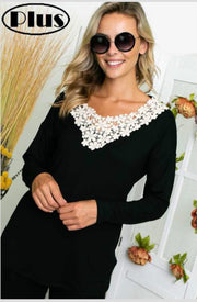 32 SD {Shine Like A Diamond} Black Top w/Ivory Crochet Neck PLUS SIZE 1X 2X 3X