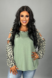 24 OS {More Than A Dream} Sage Top w/Leopard Sleeves PLUS SIZE 1X 2X 3X