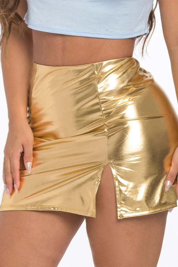 BT-D {Fashionable Flirt} Gold Faux Leather Skirt w/Slit PLUS SIZE 1X 2X 3X