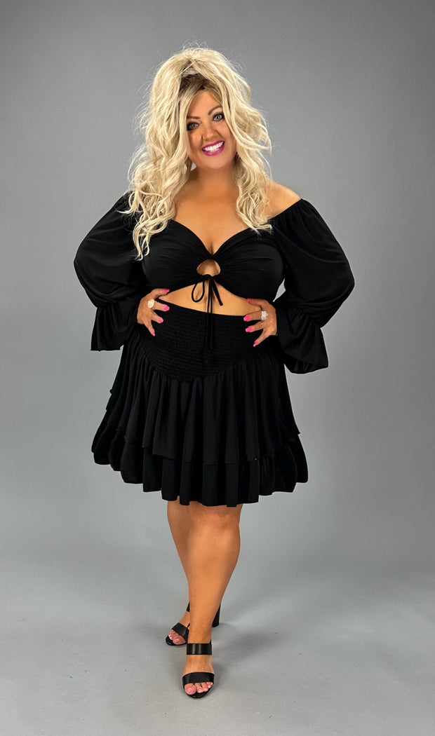 90 SET-F {Let The Party Begin} Black Crop Top & Ruffle Skirt Set PLUS SIZE 1X 2X 3X