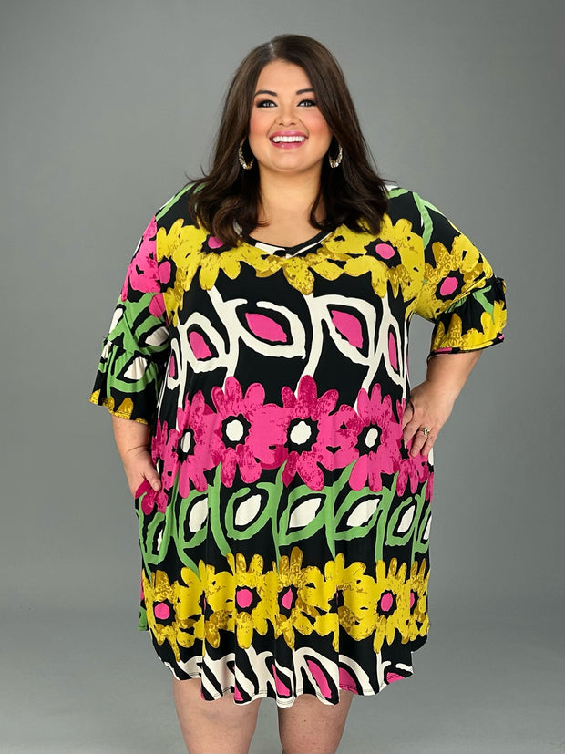 27 PQ {Living Bold} Black/Multi Large Floral V-Neck Dress EXTENDED PLUS SIZE 3X 4X 5X 6X