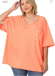 27 SSS {Happy As Can Be} Neon Coral V-Neck Top w/Pocket PLUS SIZE 1X 2X 3X