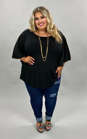 54 SD-A {Not So Subtle} Solid Black Detail Sleeve Top PLUS SIZE 1X 2X 3X