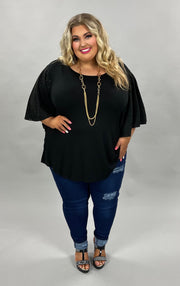 54 SD-A {Not So Subtle} Solid Black Detail Sleeve Top PLUS SIZE 1X 2X 3X